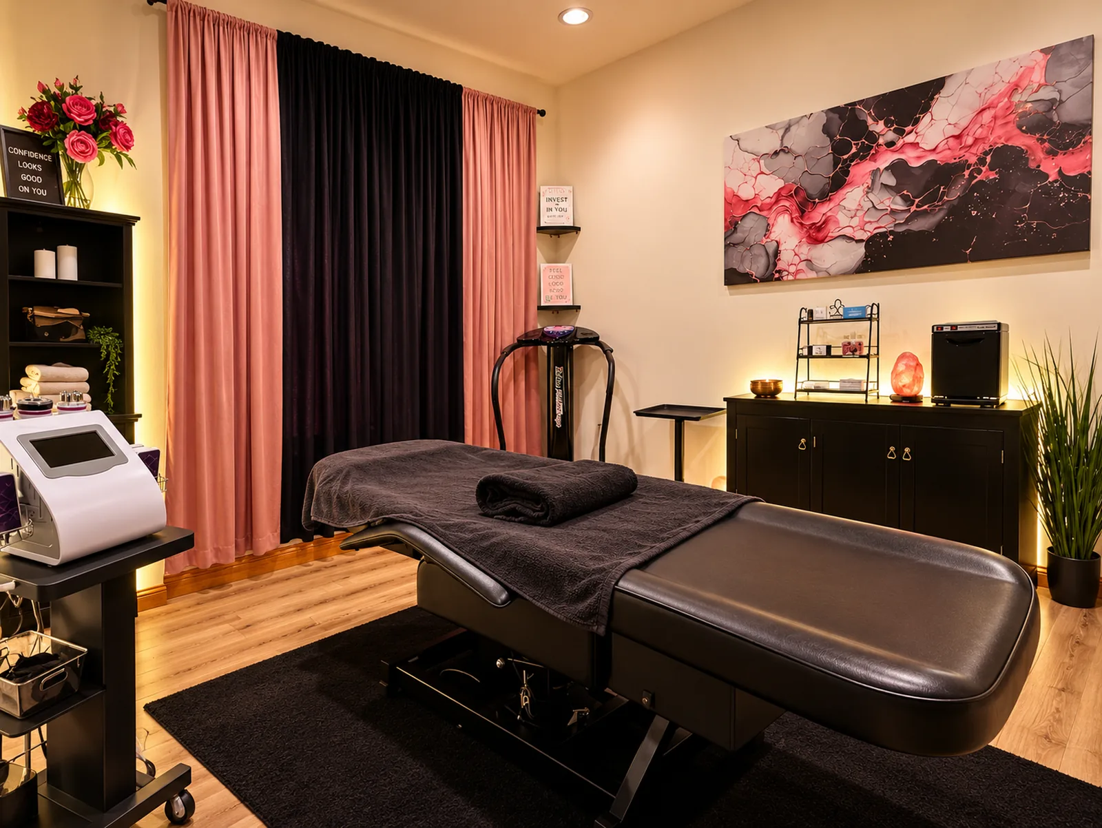 The BAQ treatment room, showing the treatment table, a dark cabinet, and a pink and black abstract painting on the wall.